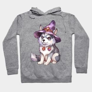 Watercolor Siberian Husky Dog in Witch Hat Hoodie